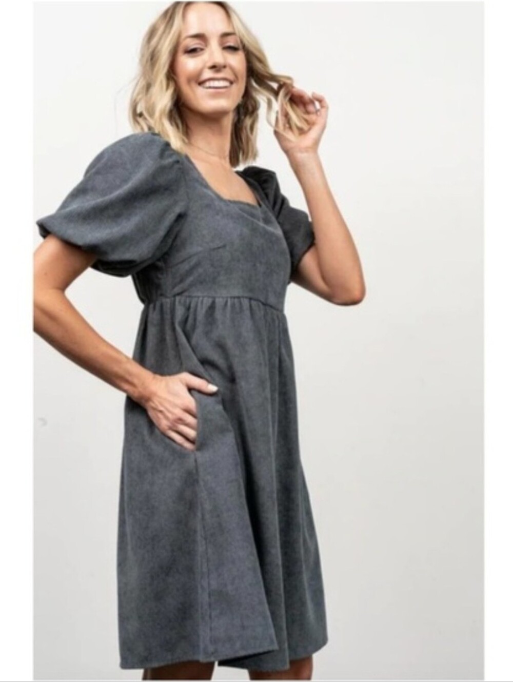 Baltic Born Blue-Gray Felipa Corduroy Puff Sleeve Mini Dress Medium - New